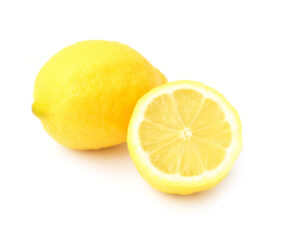 Closeup Top View Fresh Lemon Fruit And Slice On White Background