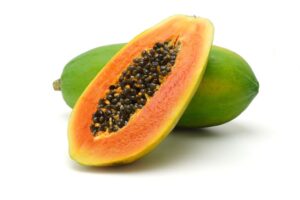 9766486 Half Cut And Whole Papaya Fruits On White Background